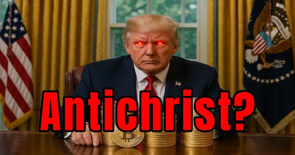 Red text Antichrist over Donald Trump with glowing eyes and Bitcoin stacks in the Oval Office