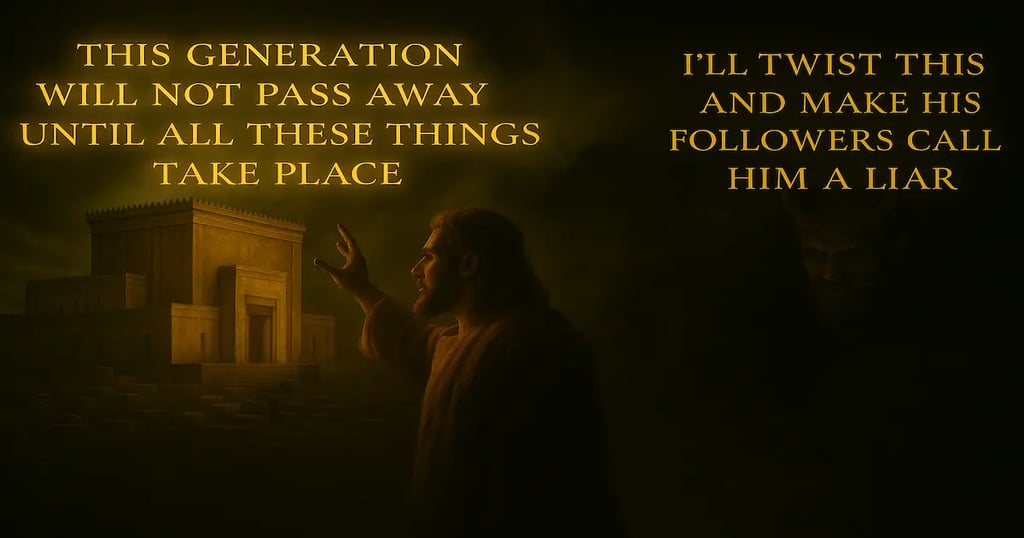 Jesus points to the Temple with words of prophecy as the devil schemes in shadows, picture of AD 70 judgment fulfilled.