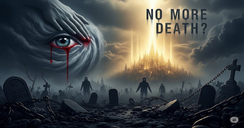 Apocalyptic city, ghostly hand wiping away tear, tombstones, New Jerusalem, NO MORE DEATH? in mist, Revelation 21:4.