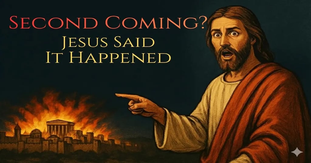 Illustration of Jesus pointing at Jerusalem burning, with text saying ‘Second Coming? Jesus Said It Happened.