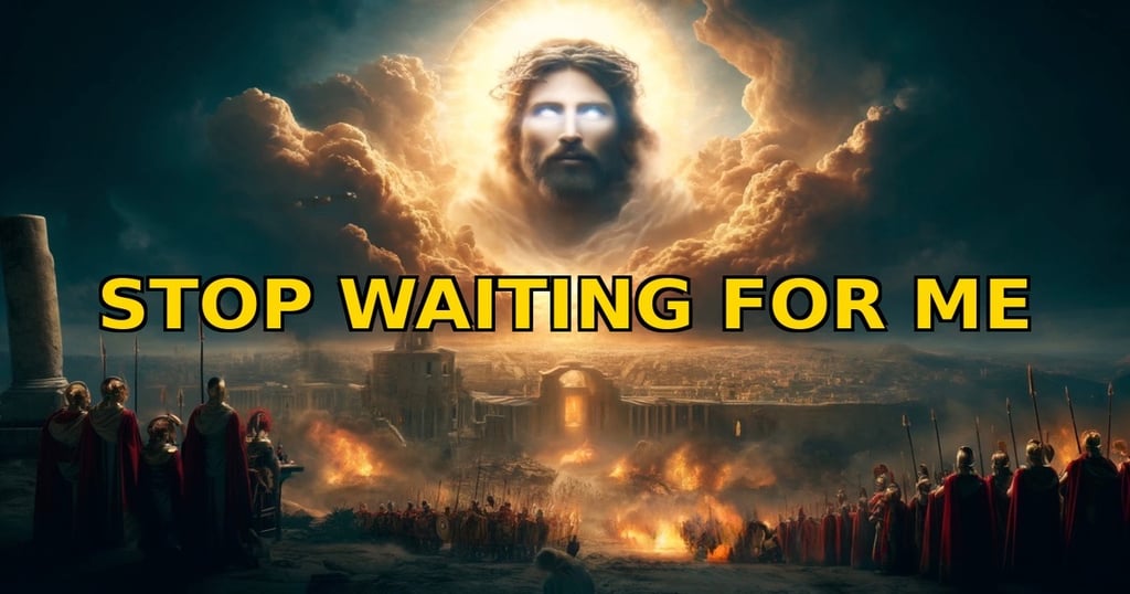Jesus appears in the clouds over a burning Jerusalem with bold yellow text: STOP WAITING FOR ME.