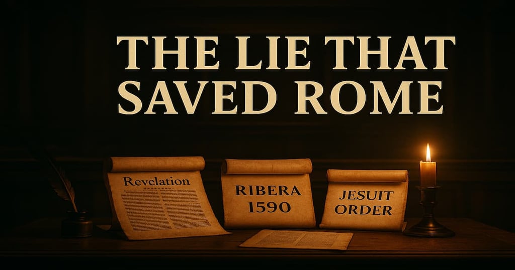 16th-century courtroom, scrolls of Revelation, Ribera 1590, Jesuit Order by candlelight; title reads The Lie That Saved Rome.