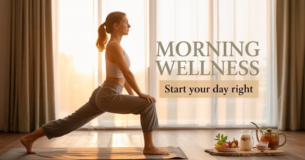 Woman stretching by window with sunrise, healthy breakfast setup, or yoga pose.