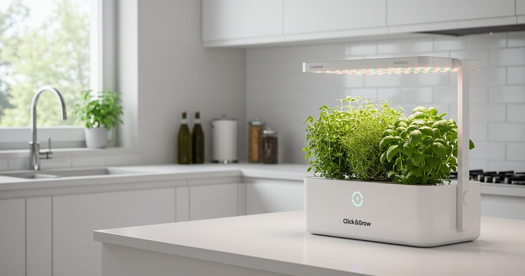 Click and Grow Smart Garden hydroponic herb system LED lights kitchen counter