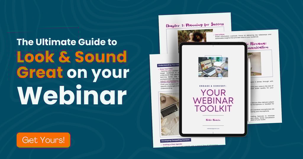 An ebook titled "Your Webinar Toolkit" on a tablet, featuring tips for successful webinars. Text reads, "Look & Sound Great o