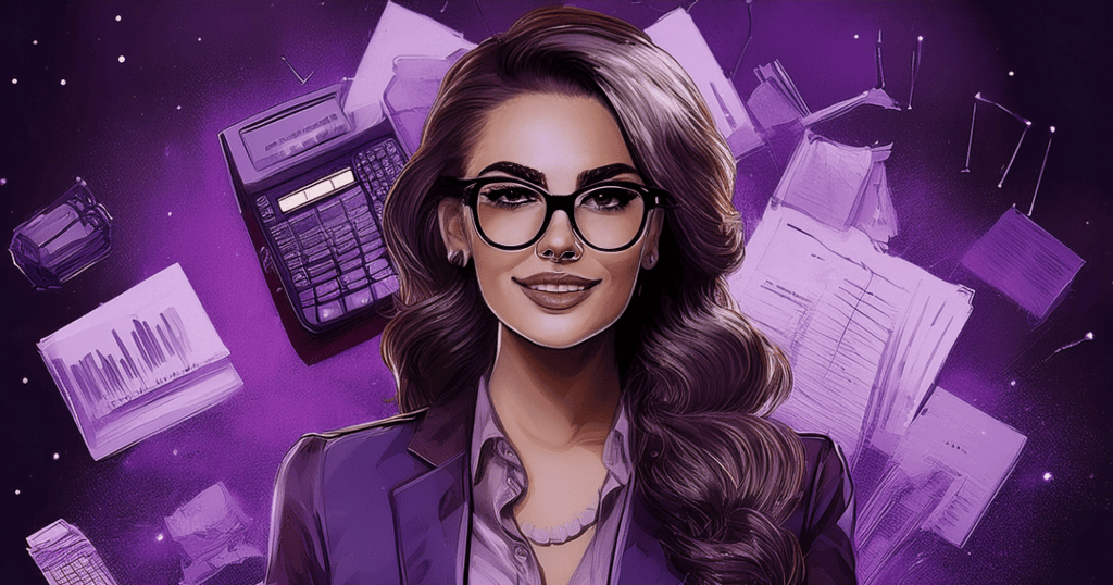 Professionally dressed lady with calculators and business paperwork surrounding her