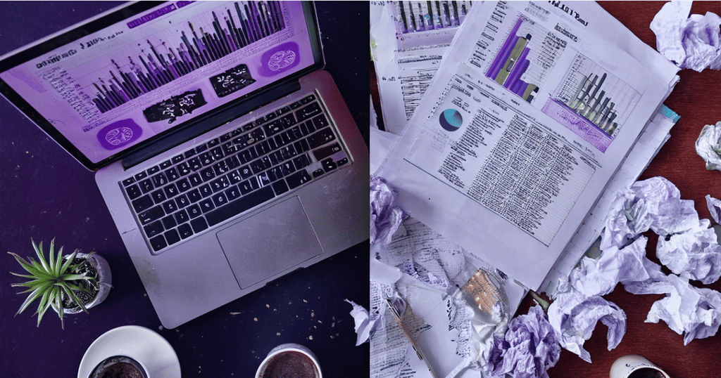 Right side shows chaos, balls of paper etc. Left side show organised desk with laptop showing KPIs