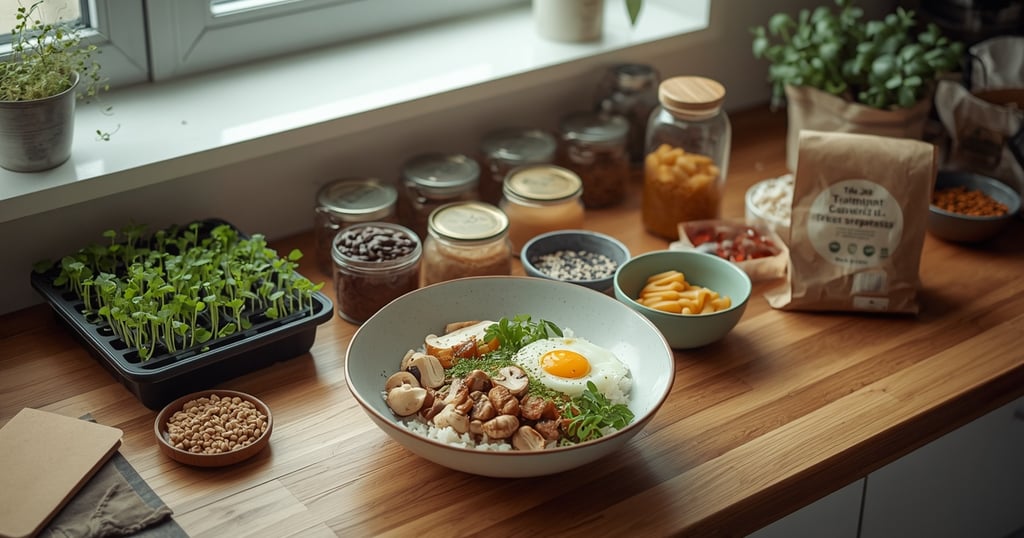 Self-sufficient food recipes with microgreens, mushrooms, sprouts, herbs, rice, lentils, and pantry staples