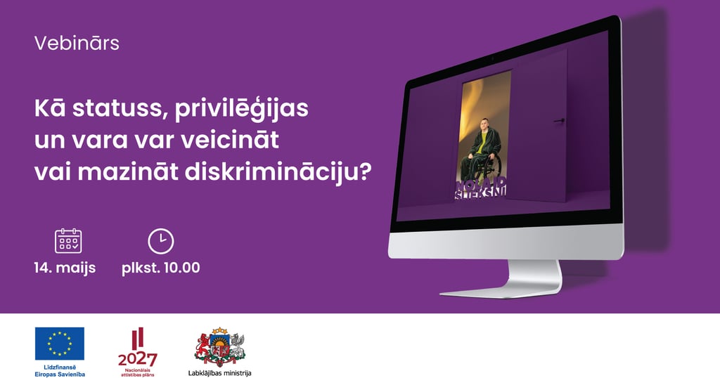 Datora ekrānā atvērtas durvis ar vīrieti ratiņkrēslā un uzrakstu “Nolaid slieksni”