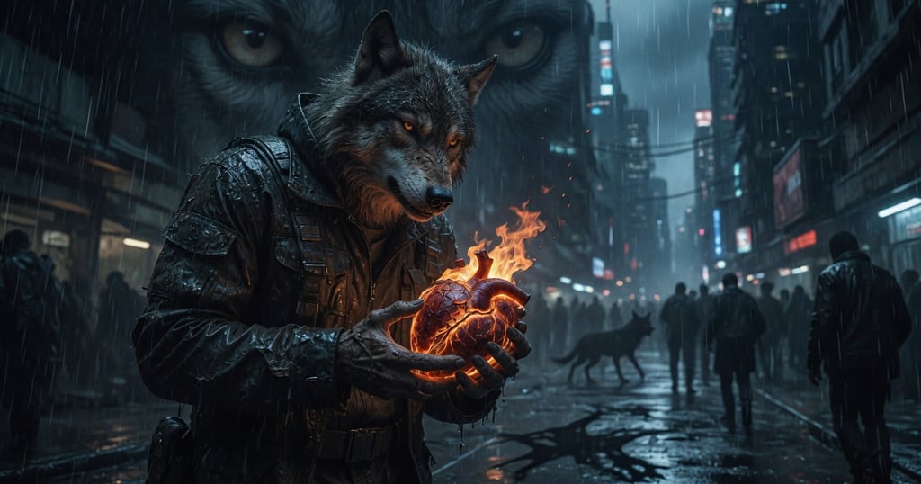 A cinematic digital art piece of an anthropomorphic wolf in a rainy cyberpunk city holding a flaming human heart.