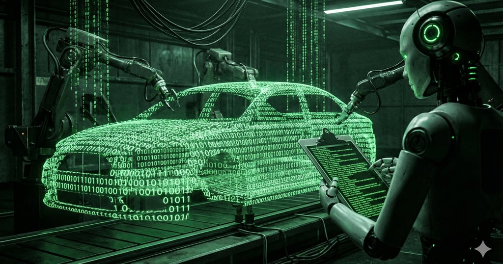 a robot building a car made of binary code