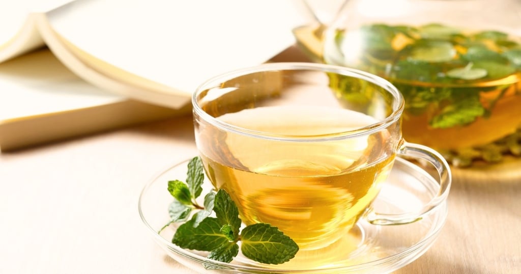 Fresh peppermint tea in a glass cup with fresh mint leaves and a book for relaxation.