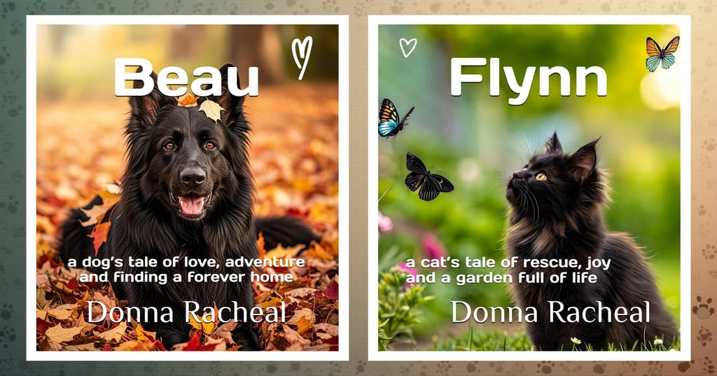 black dog and black cat are shown in front of a poster