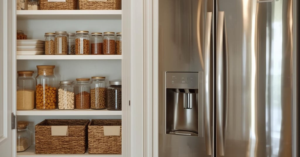 Organized pantry with glass jars, labeled baskets, and neatly arranged ingredients.