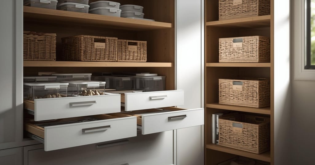 Neatly organized kitchen cabinets with clear containers, baskets, and pull-out drawers.