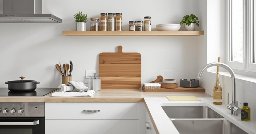Bright kitchen with organized cooking, prep, and cleaning zones in a natural layout.