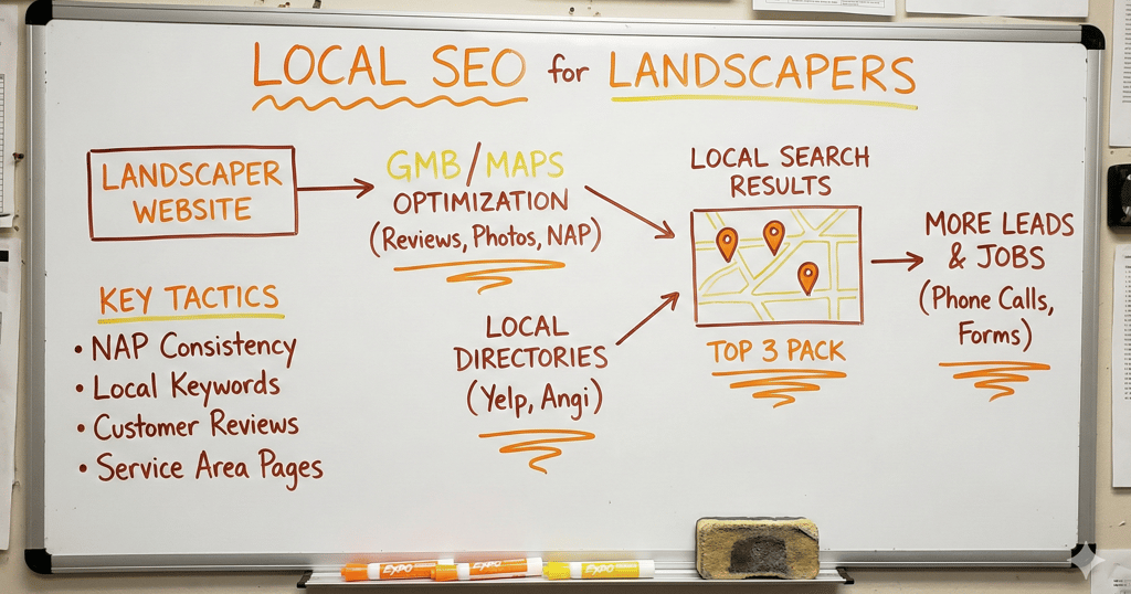 Whiteboard showing local SEO for Landscapers