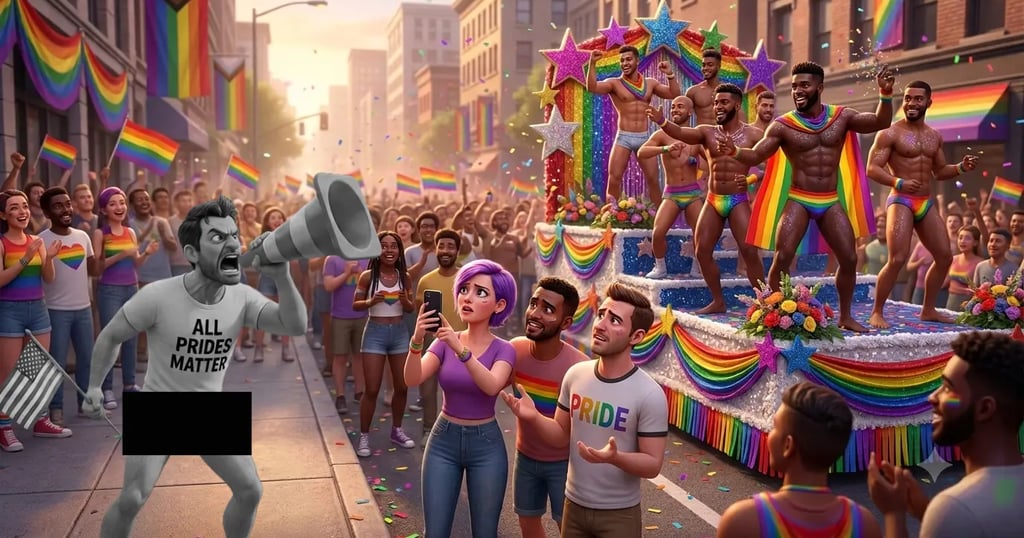 A protestor wearing an "All Prides Matter" t-shirt holding an American flag at gay Pride Parade. 