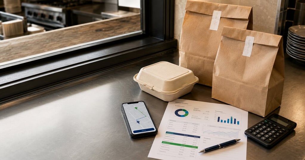 : Restaurant delivery bags beside a phone, payout report, and calculator o