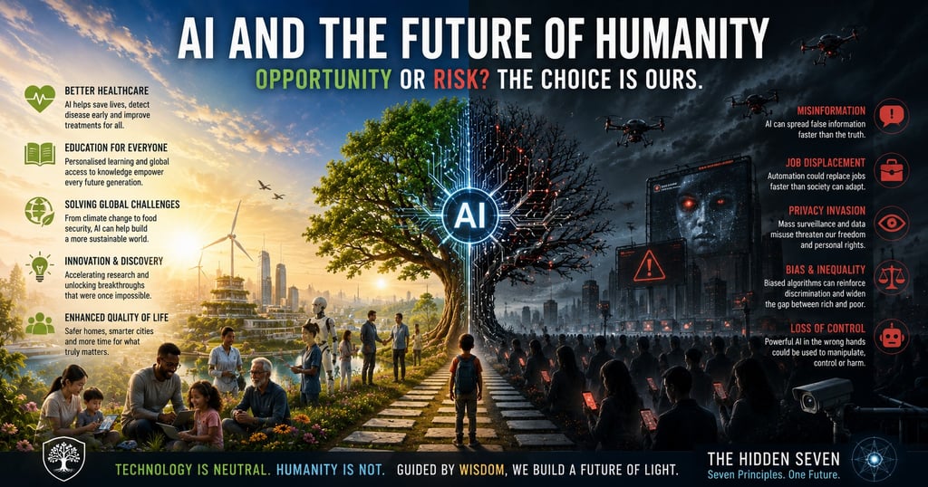 A split infographic showing the risks and opportunities of AI on humanity's future development.