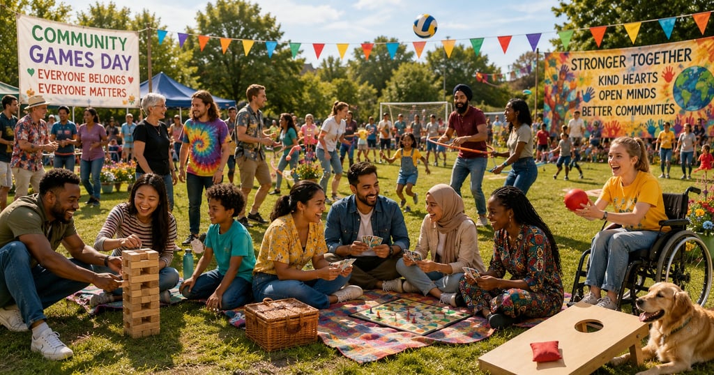 A diverse group of people enjoying board games and outdoor activities at a sunny community games day festival.