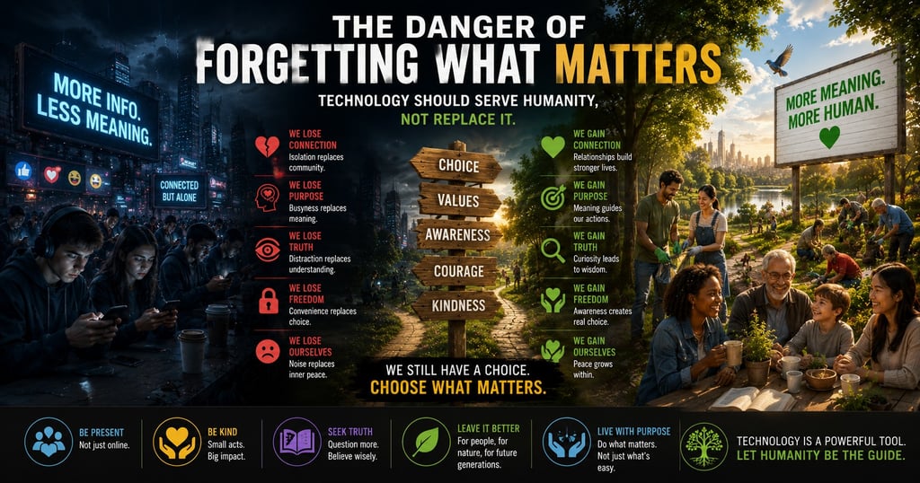 An infographic contrasting digital isolation with human connection, featuring technology vs community themes.