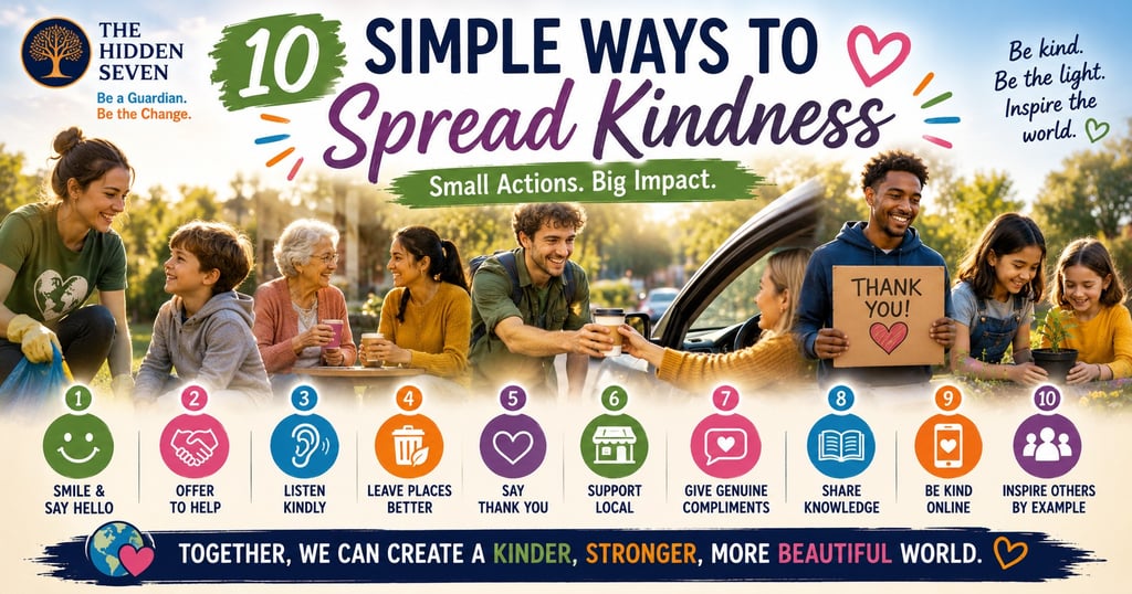 Infographic showing 10 simple ways to spread kindness with icons and people performing random acts of kindness.