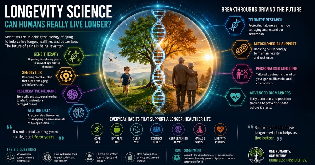 Infographic on longevity science and anti-aging research featuring a DNA helix, elderly couple, and child.