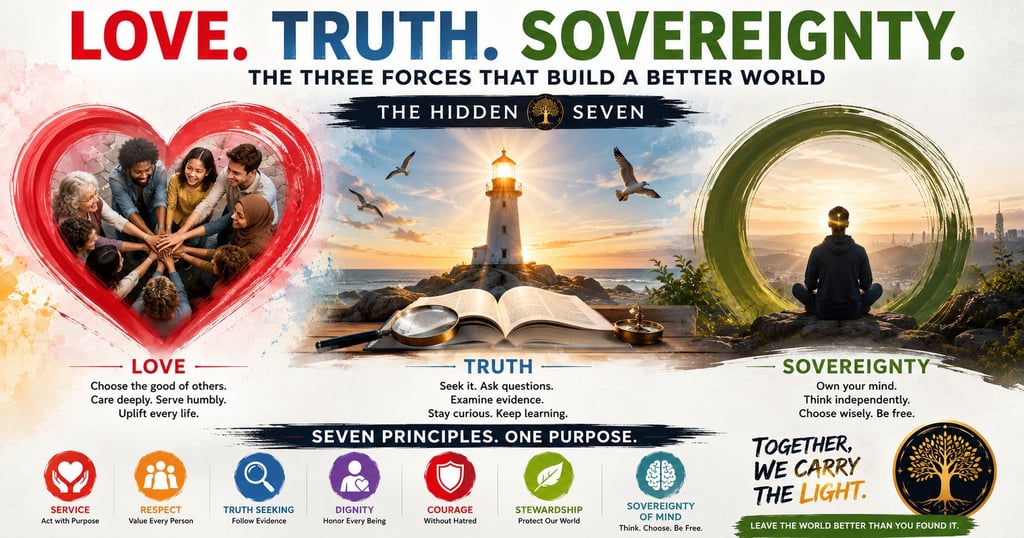 Inspirational infographic showing Love, Truth, and Sovereignty as core principles for building a better world.