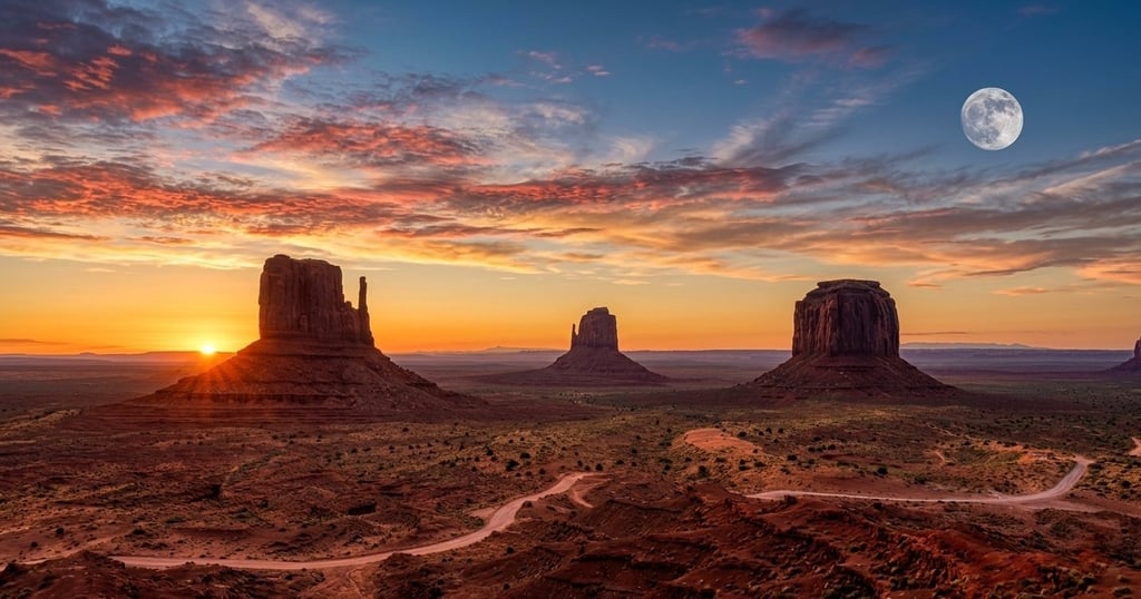 The sun rises behind West Mitten, East Mitten and Merrick Butte along the 17-mile loop in Monument Valley during a full moon