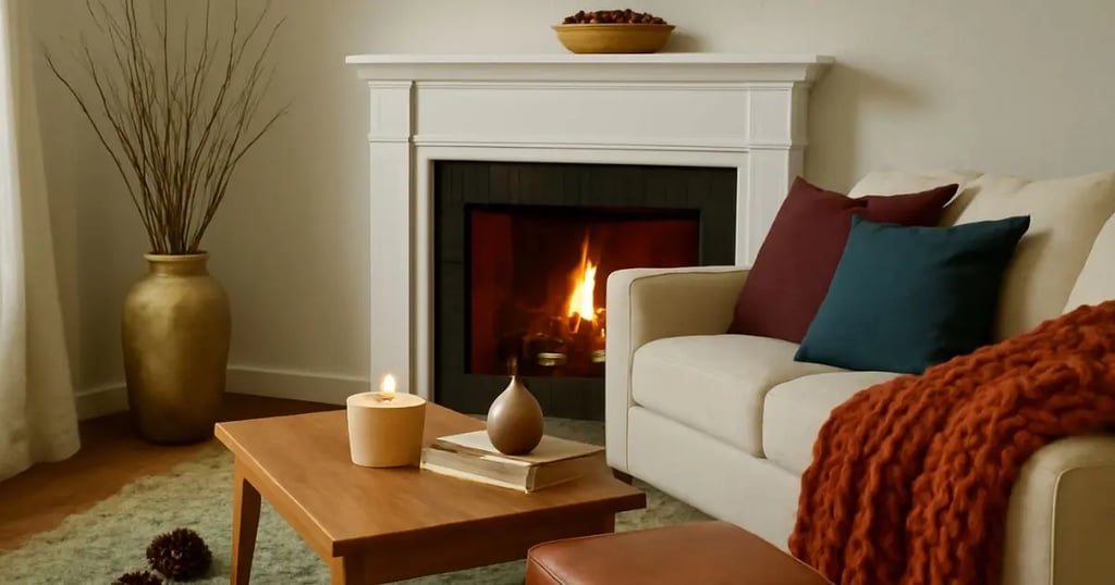 Cozy living room with fall decor and a warm rug, creating a comfortable and inviting atmosphere perfect for autumn relaxation