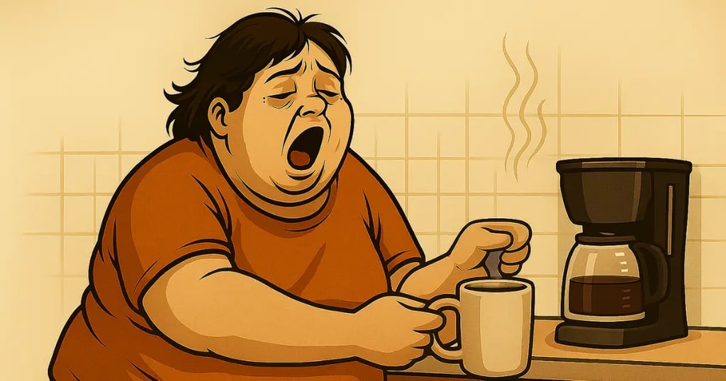 plus sized woman with coffee mug and yawning because she is sleepy