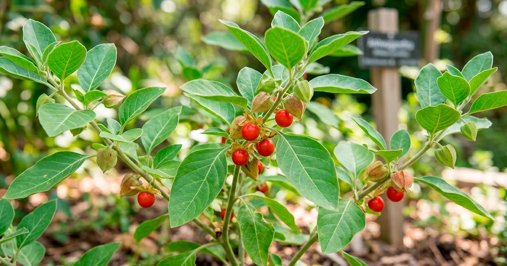 Primer plano de la planta medicinal ashwagandha, adaptógeno útil en artritis reumatoide