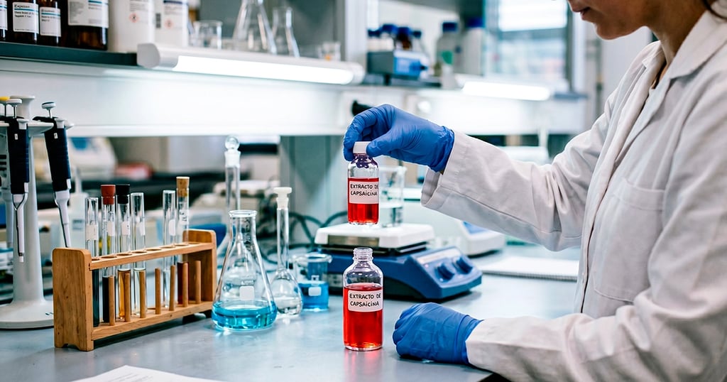 Manos con guantes de laboratorio sosteniendo un frasco de líquido rojo de capsaicina