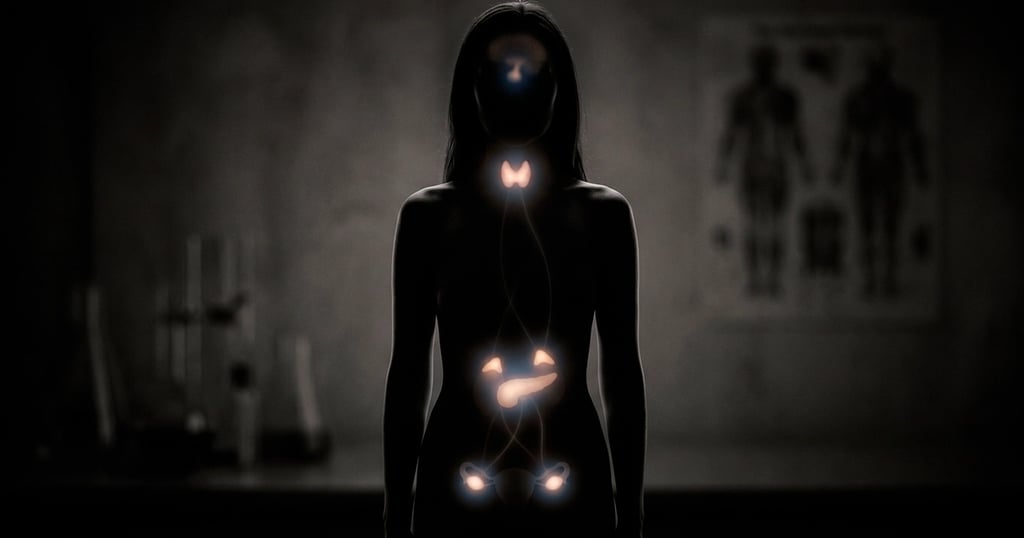 Silueta de persona de espaldas mostrando glándulas endocrinas internas iluminadas.