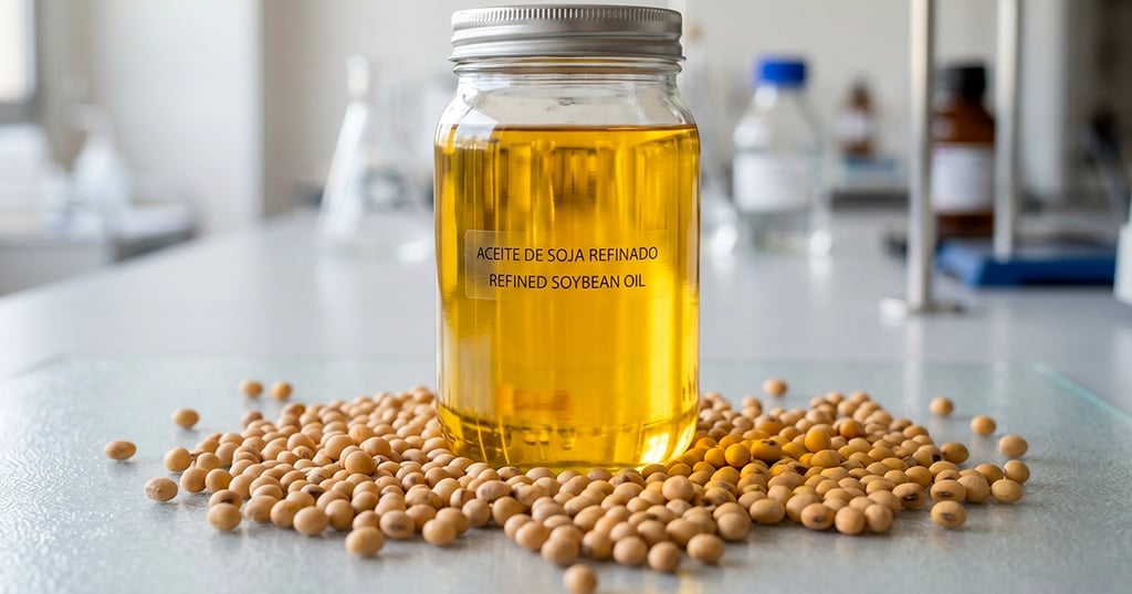 Frasco de vidrio con aceite de soja refinado color dorado, rodeado de granos de soja.