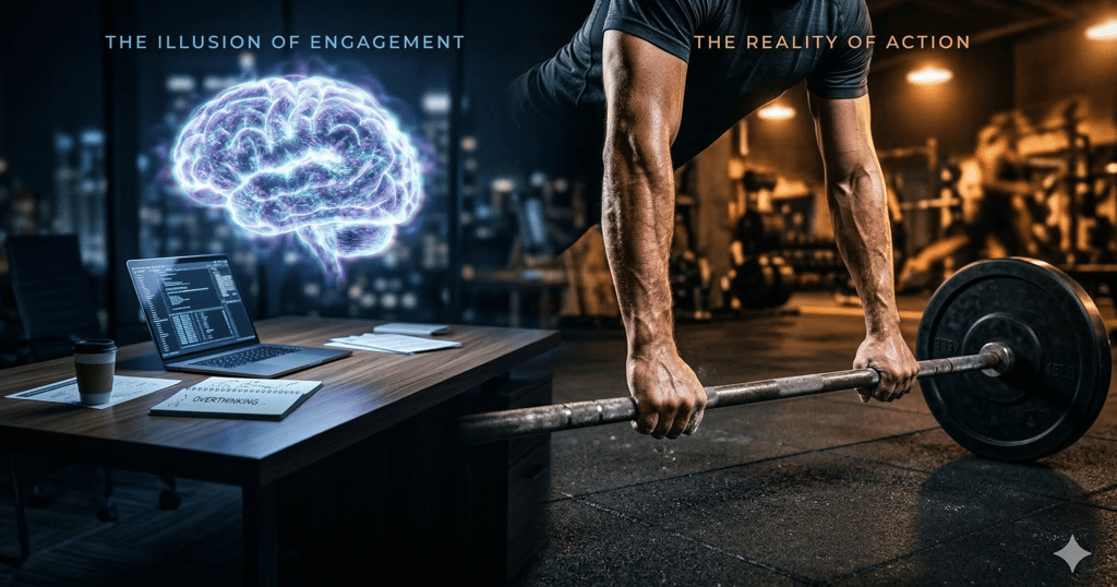 holographic human brain on left , man lifting weights on ride