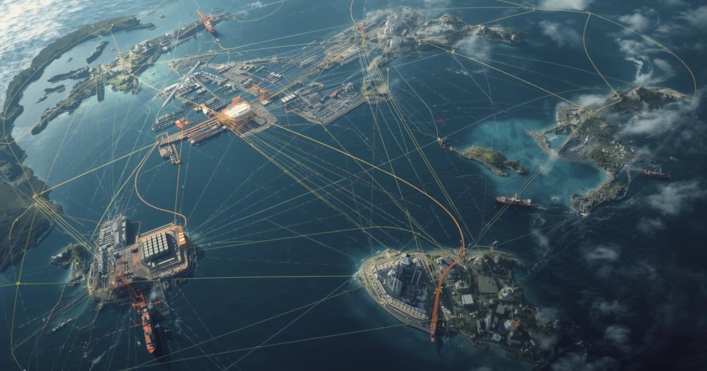 Aerial view of a futuristic global logistics network connecting islands with digital supply chain data lines.