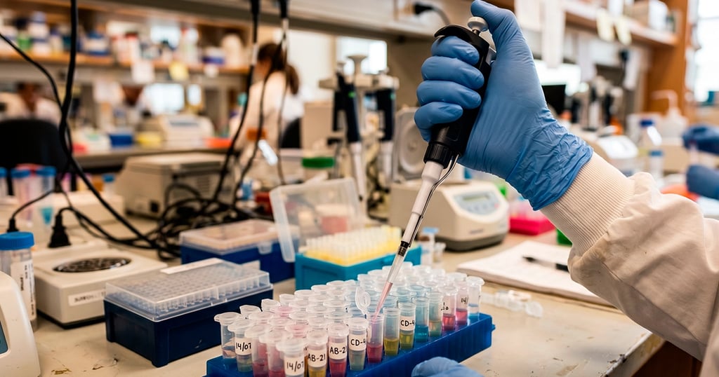 Mano enguantada con pipeta en laboratorio con tubos de ensayo; adquisición en biotecnológica