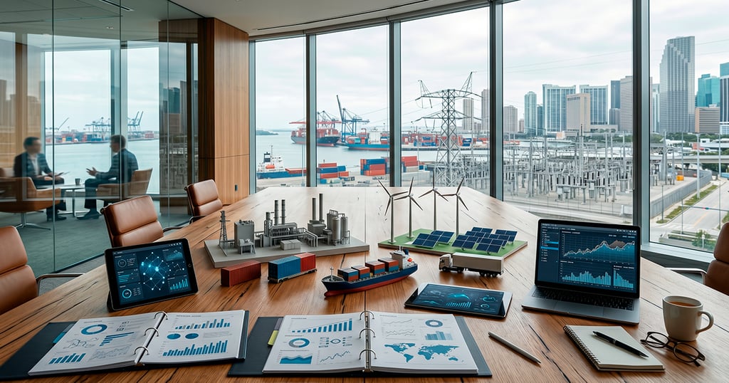 Imagen editorial de economía, empresas y mercados con energía, logística y tecnología 