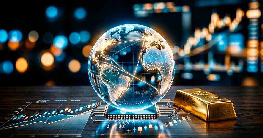 Globo terráqueo con elementos financieros y tecnológicos, economía global en transición