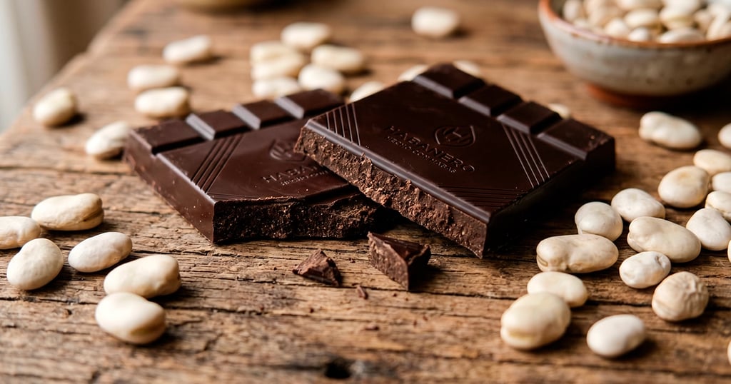 Barra de chocolate junto a habas blancas, representa la innovación del chocolate sin cacao