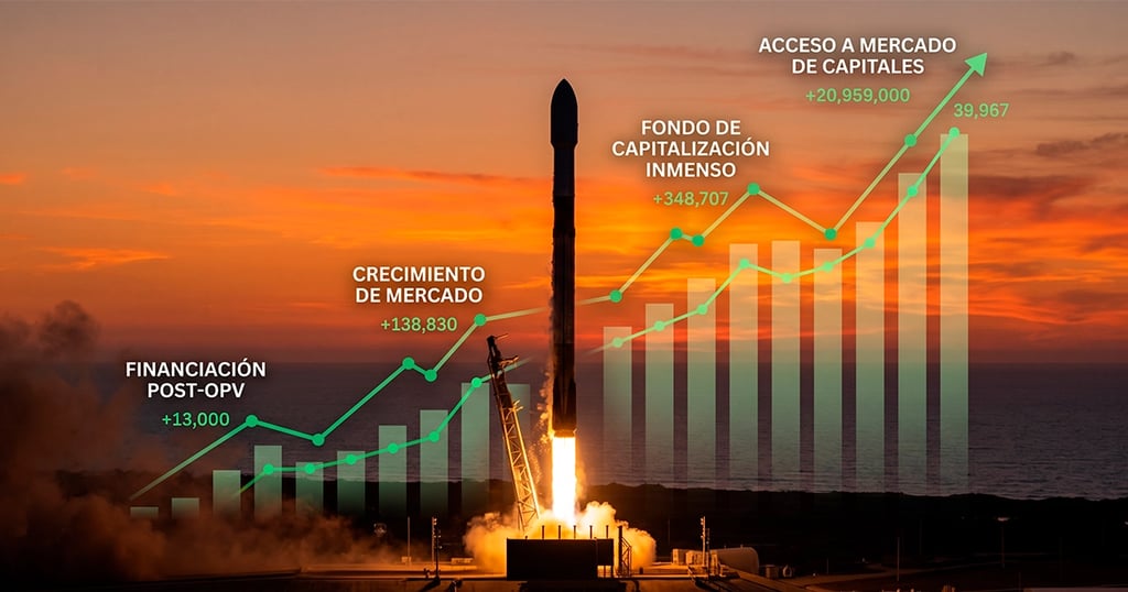 Cohete espacial alzándose entre gráficos financieros ascendentes, simbolizando fuerte financiación