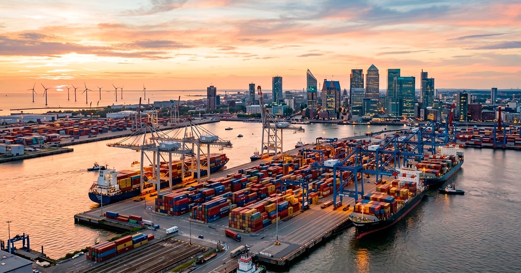 Puerto con contenedores, ciudad moderna y turbinas eólicas; representa la economía global.