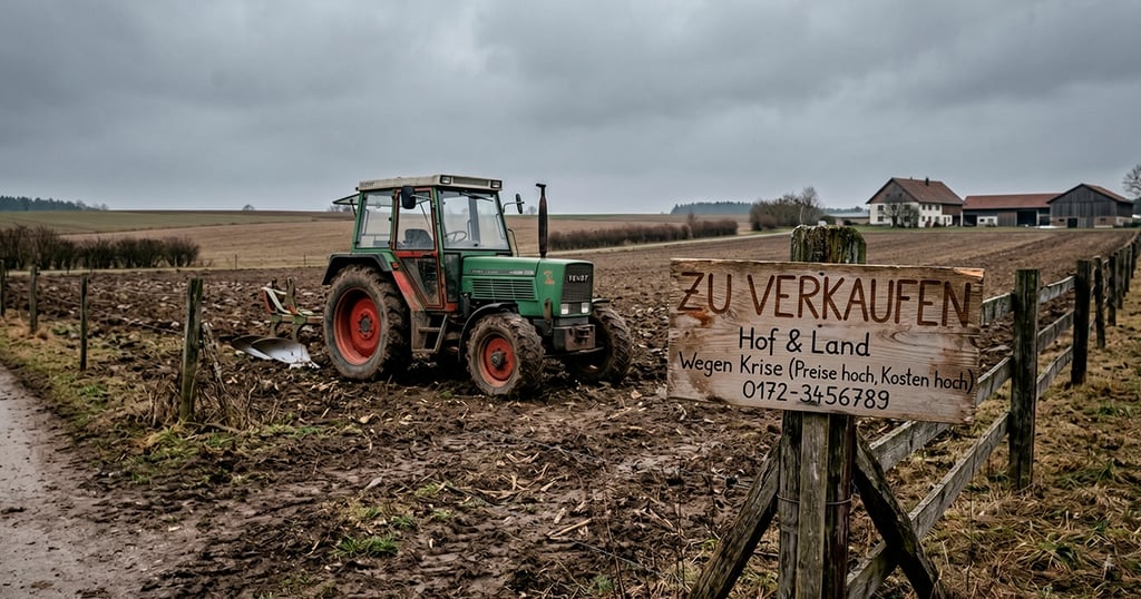 Tractor estacionado en campo con cartel “En venta”; simboliza la crisis agrícola en Alemania