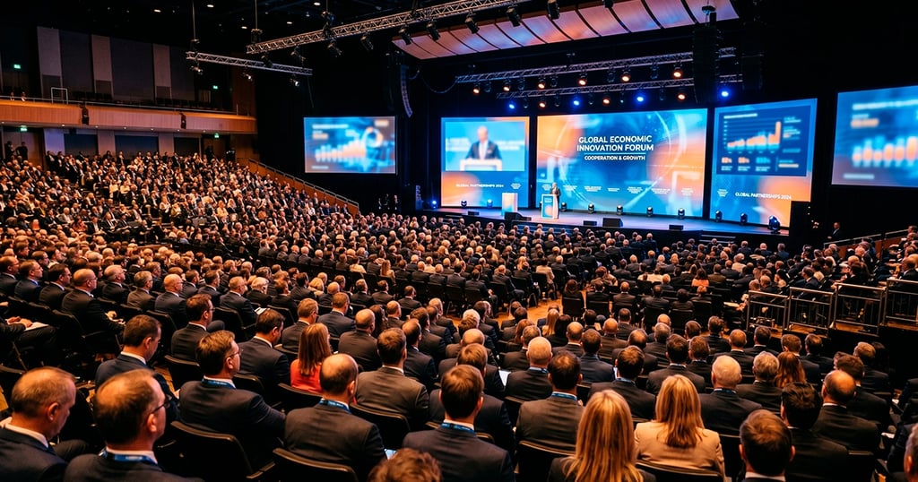 Auditorio lleno de delegados internacionales y escenario iluminado, simboliza una cumbre económica