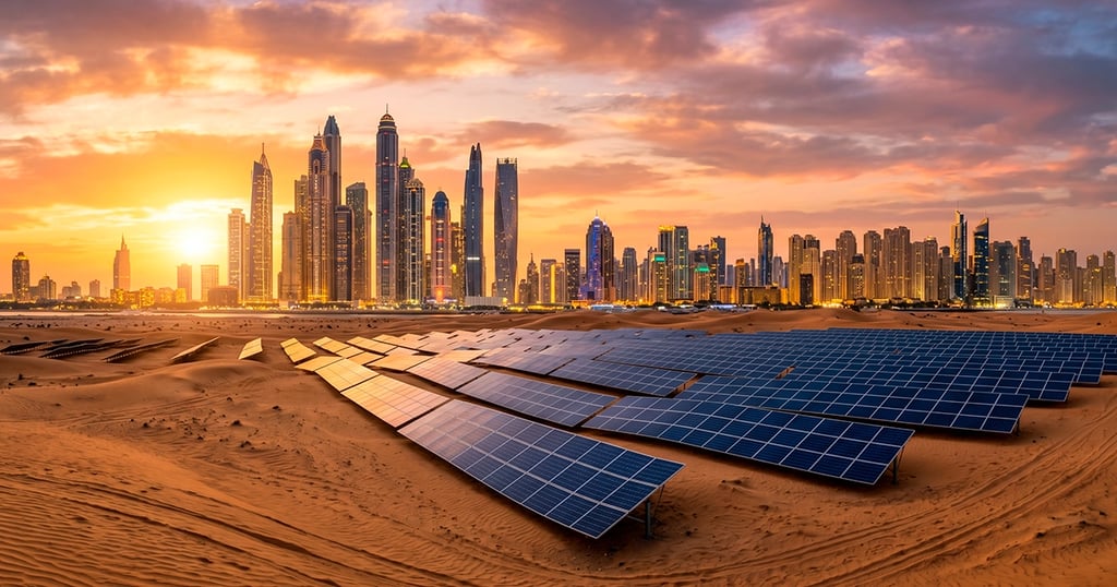 Dubái con rascacielos y paneles solares, simbolizando la diversificación económica