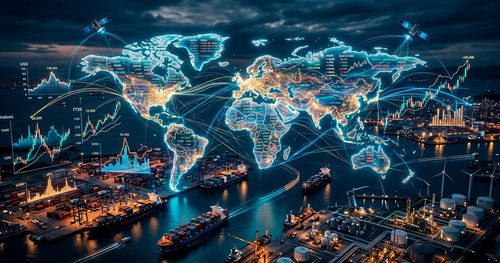 Panorama de la economía global con mercados, tecnología, energía y comercio internacional