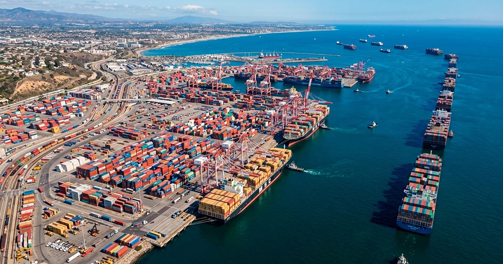 Puerto transpacífico saturado con portacontenedores en espera y muelles llenos de contenedores