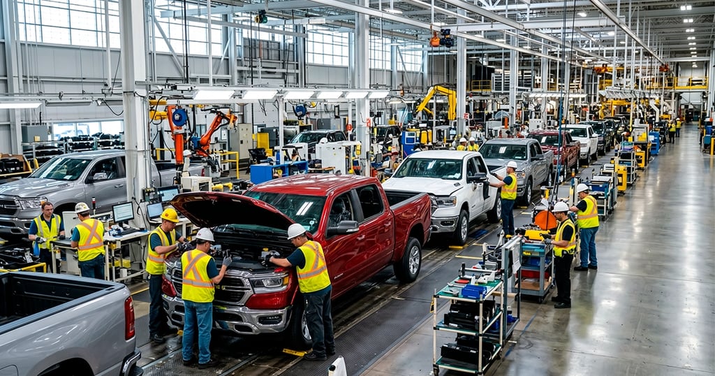 Línea de montaje de camionetas en planta, reflejando récord de producción.